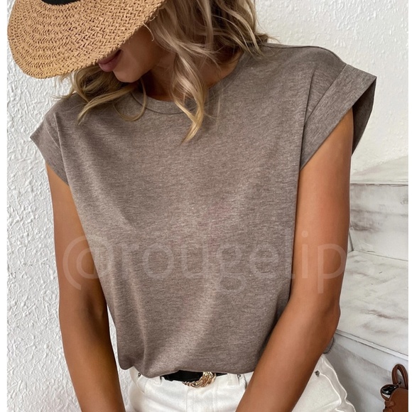Rouge! Tops - Mocha Brown Crew Neck Muscle Tee Top Shirt Cap Sleeve, Round Neck
